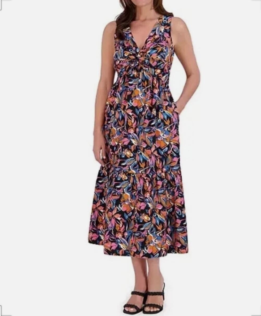 French Connection Womens 2XL Black Multi Floral Twist Front Maxi Dress NWT